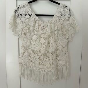 Bohemian Crochet Lace Fringe Top Ivory Boho Festival Blouse M/L